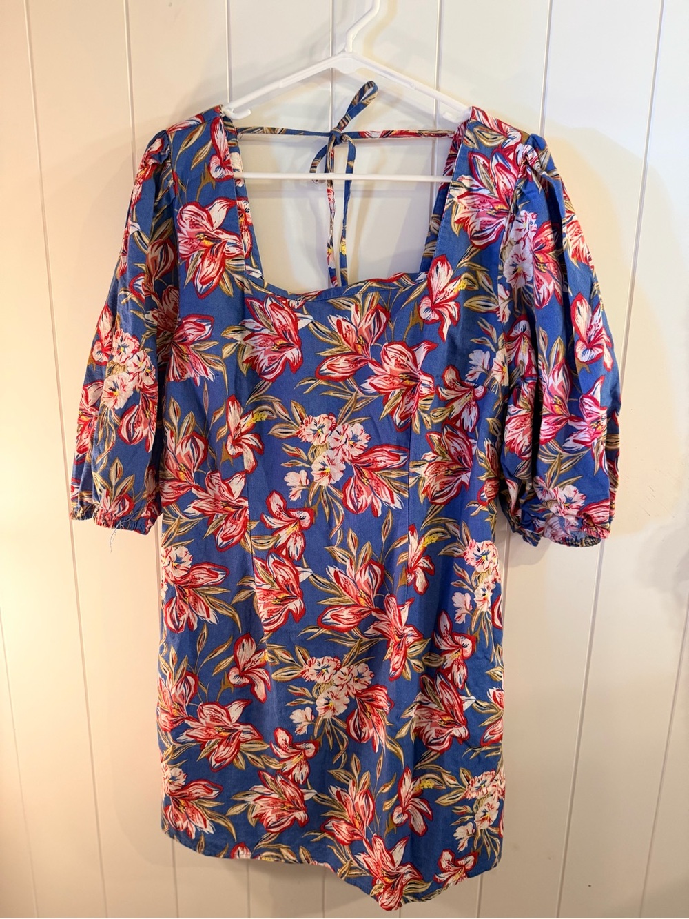 a new day Blue Floral Print Top with Red and Gold Accents